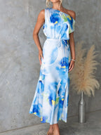 One Shoulder Printed Dress Slit