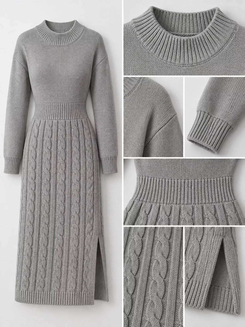 Full Size Mock Neck Cable Knit Sweater Dress Front Slit Plus (38)