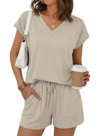 Casual V-neck T-shirt Shorts Set (2)