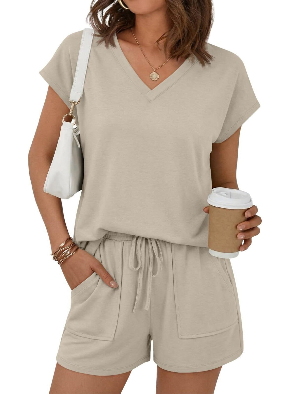 Casual V-neck T-shirt Shorts Set (2)