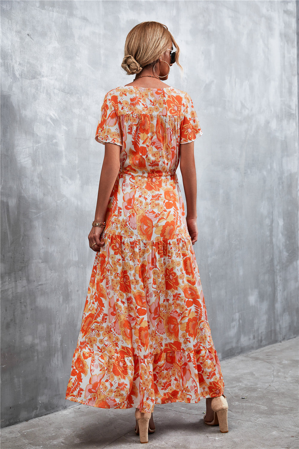 Floral Buttoned Drawstring Waist Tiered Dress (12)
