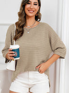 Rolled Round Neck Dropped Shoulder Slit Sweater (18)