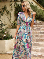 Smocked Printed V-neck Half Sleeve Midi Dress (4)