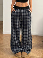 Plaid Wide-leg Pants Elastic Waistband (15)
