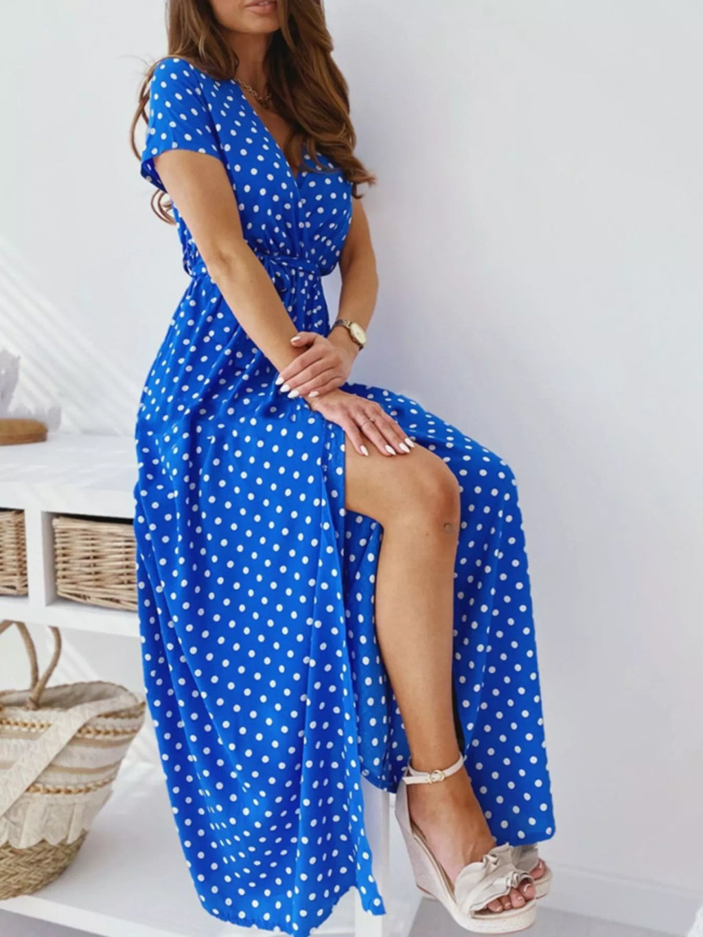 Polka Dot Surplice Maxi Dress Slit