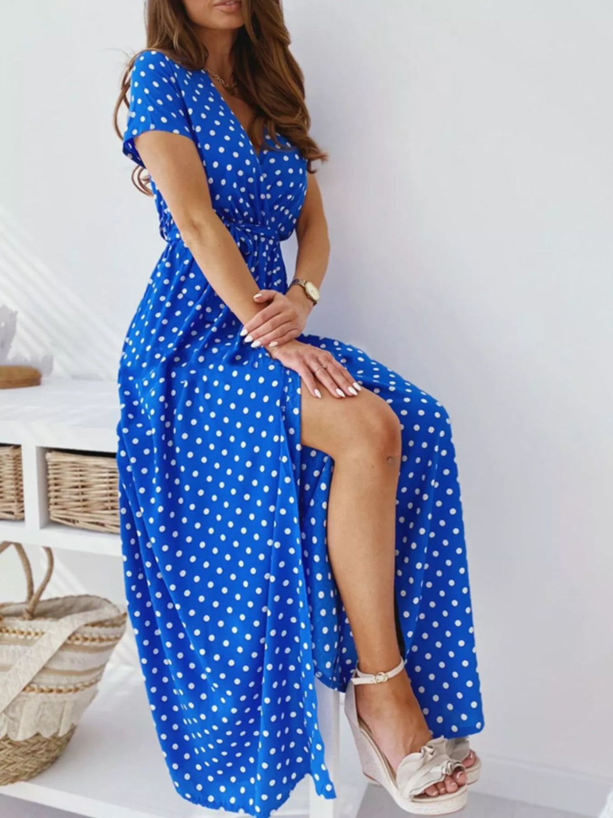 Polka Dot Surplice Maxi Dress Slit