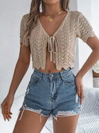 Tied Openwork Short Sleeve Cardigan (3)