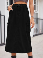 Slit Buttoned Denim Skirt Pockets (11)
