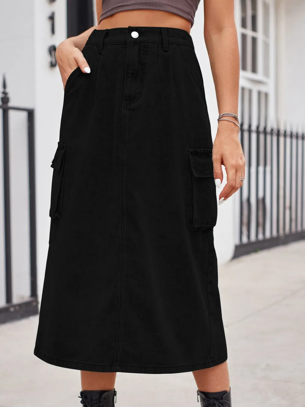 Slit Buttoned Denim Skirt Pockets (11)