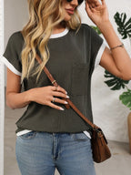 Contrast Trim Round Neck Short Sleeve T-shirt (7)