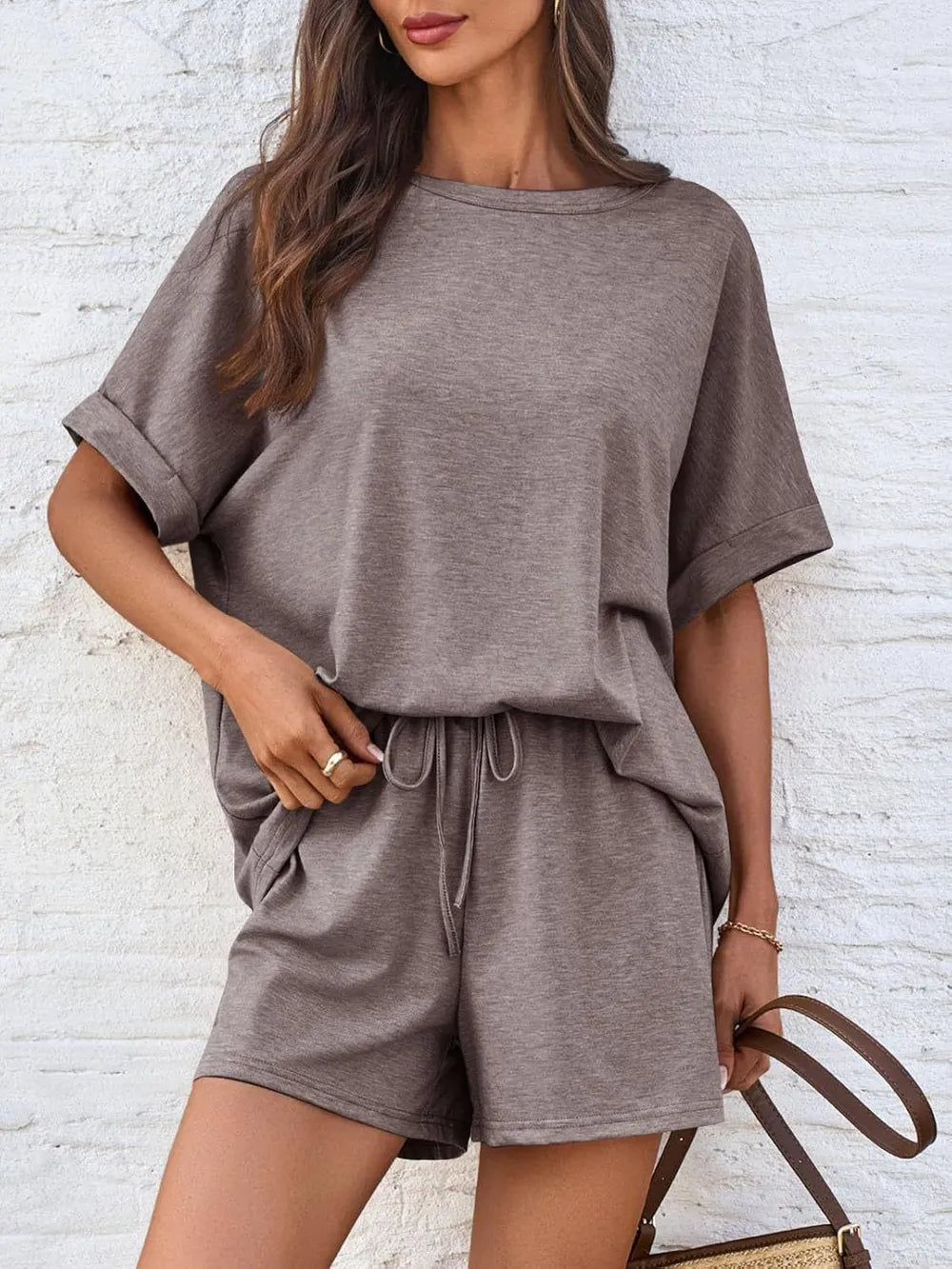 Round Neck T-shirt Drawstring Shorts Set (9)