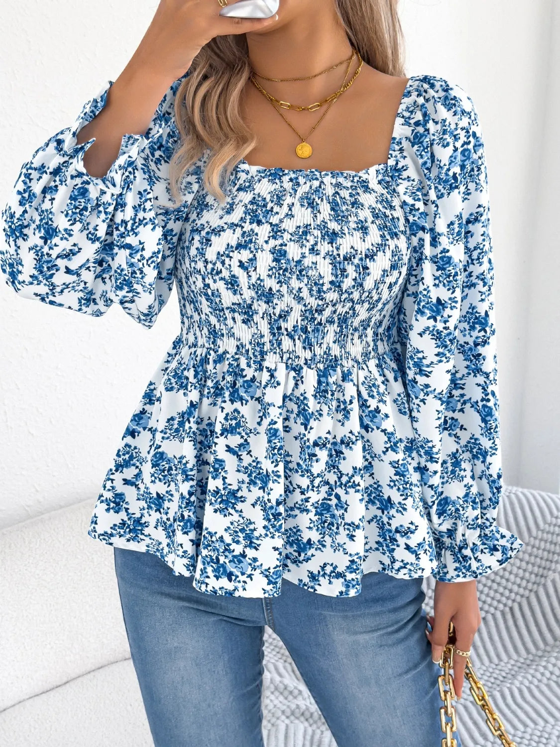 Floral Square Neck Flounce Sleeve Blouse (6)