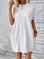 Round Neck Short Sleeve Mini Tee Dress Pockets (2)