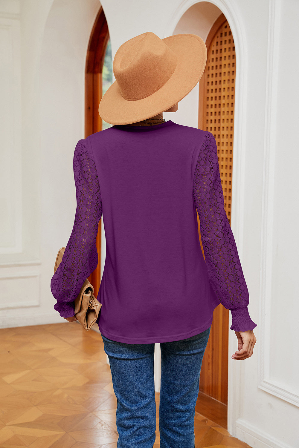 Contrast V-neck Long Sleeve Blouse (24)