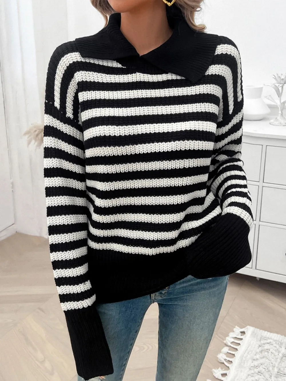 Striped Collared Neck Long Sleeve Sweater (7)