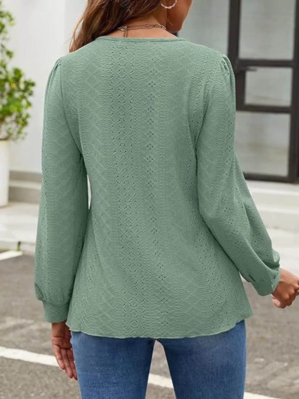 Eyelet Round Neck Long Sleeve Top (20)