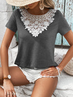 Spliced Lace Contrast Short Sleeve Top (3)