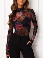 Floral Print Sheer Mesh Long Sleeve Mock Neck Top