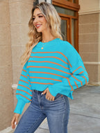 Round Neck Striped Lantern Sleeve Sweater (6)