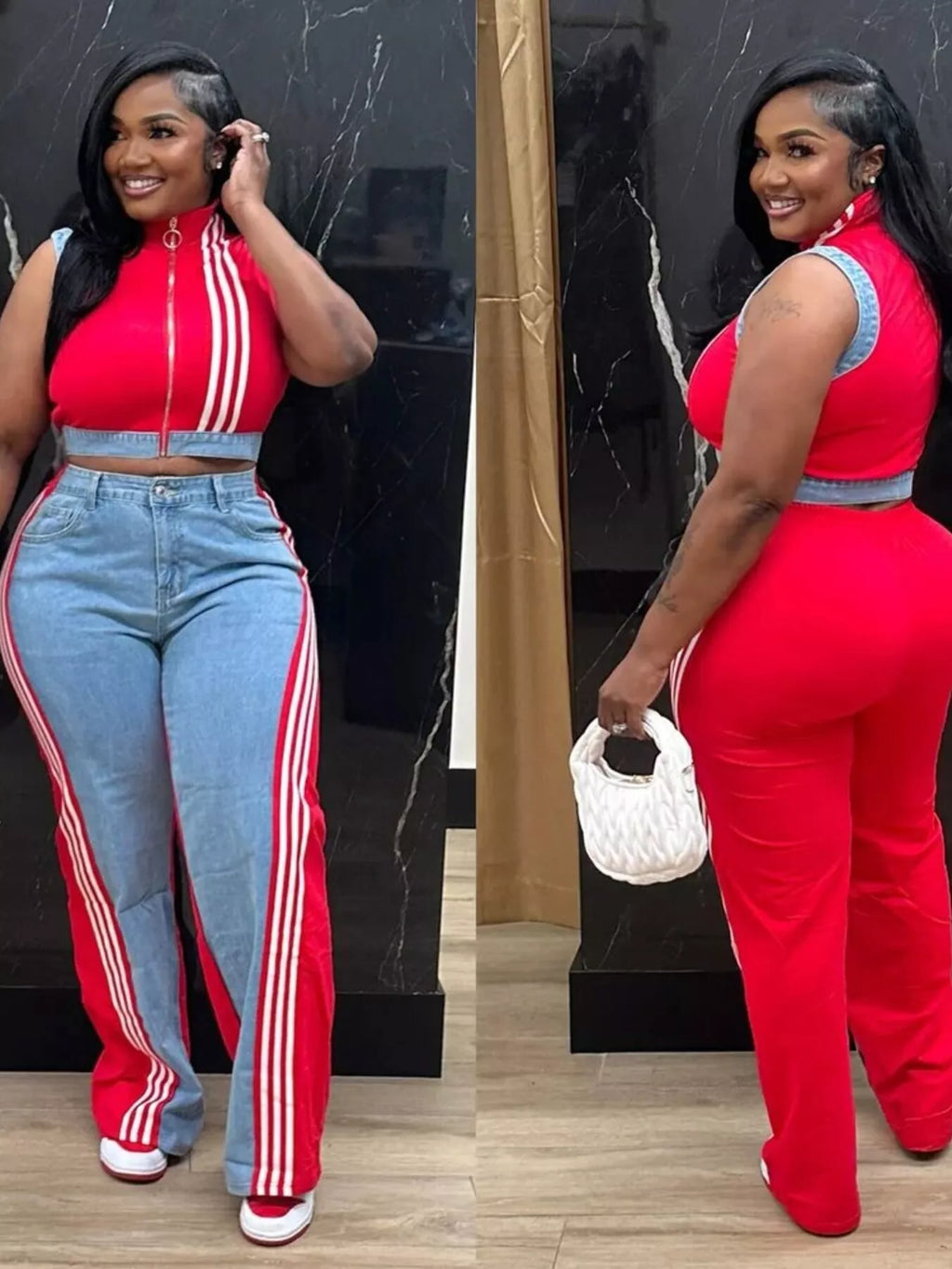 Zip Front Crop Top Striped Pants Set (10)