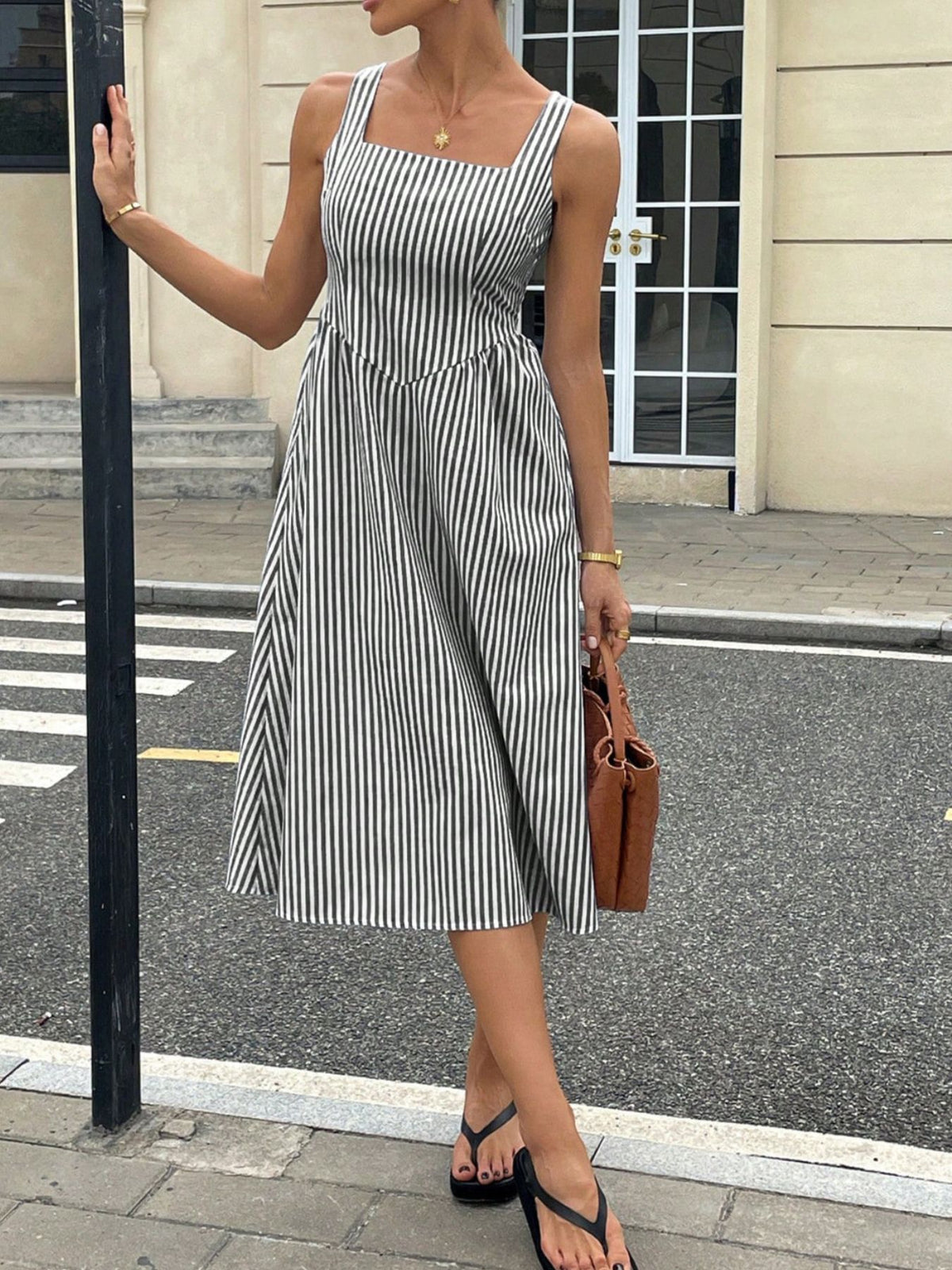 Striped Square Neck Midi Dress (7)
