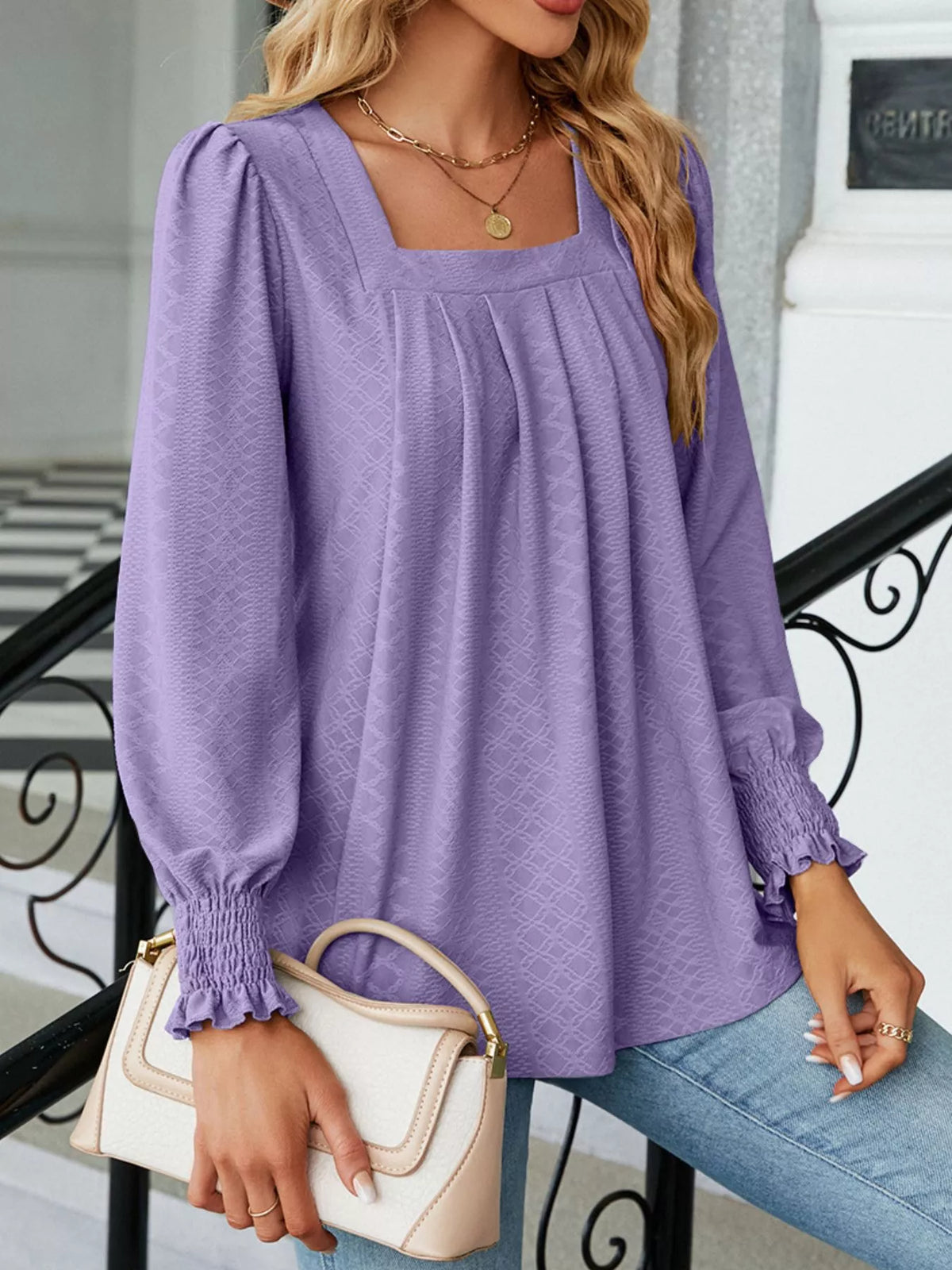 Pleated Square Neck Long Sleeve Top (25)