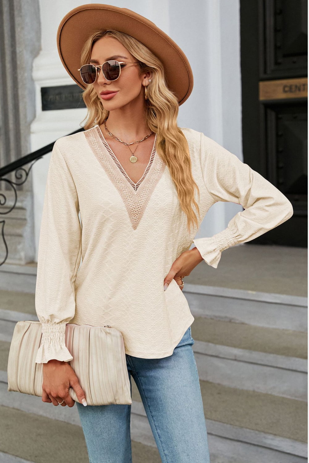 V-neck Flounce Sleeve Blouse (8)