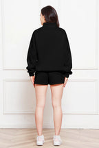 Half Zip Long Sleeve Sweatshirt Drawstring Shorts Set (15)