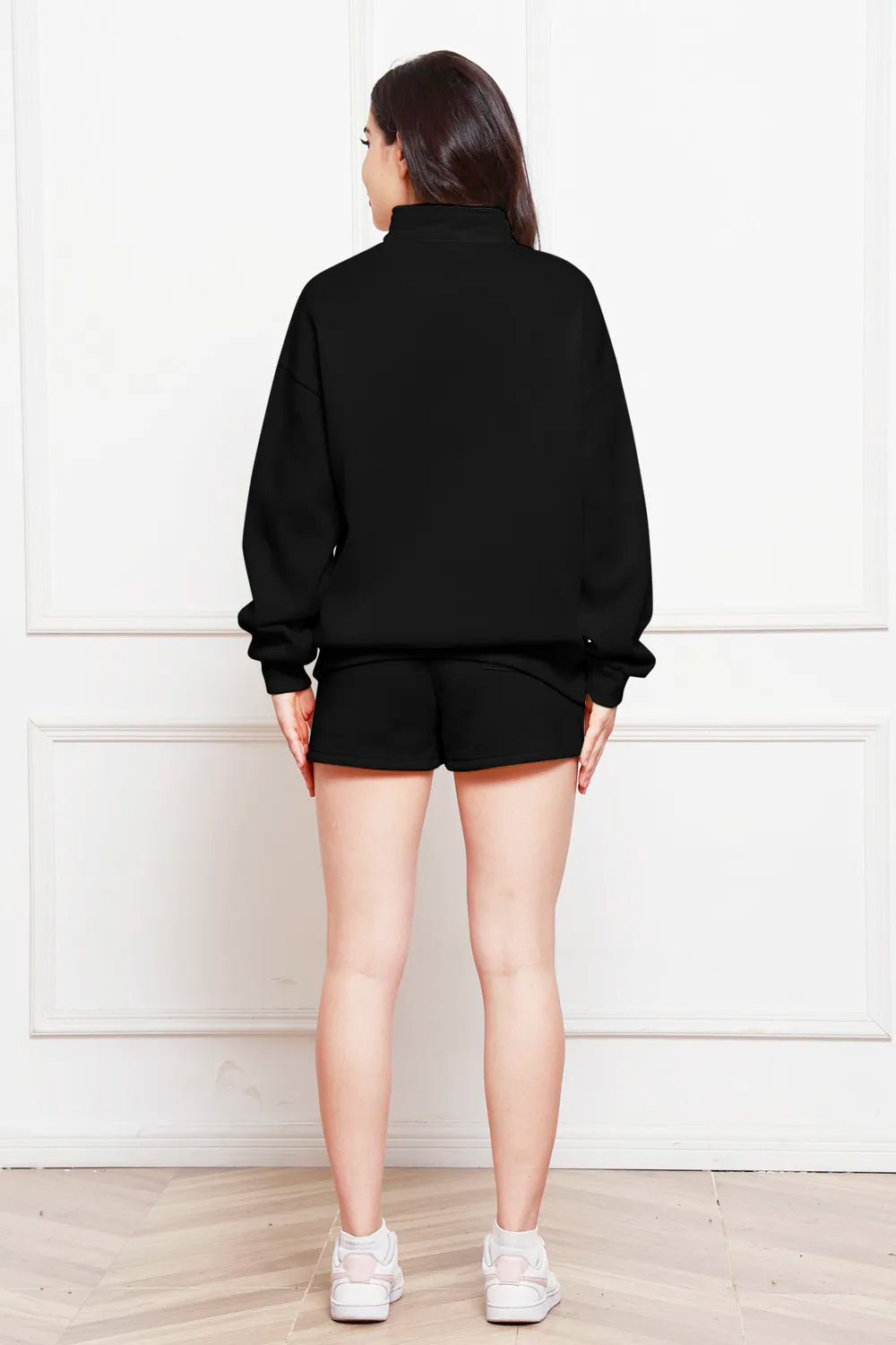 Half Zip Long Sleeve Sweatshirt Drawstring Shorts Set (15)