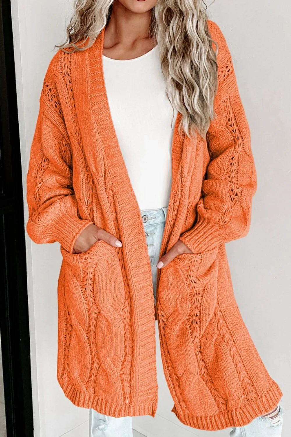 Cable-knit Dropped Shoulder Slit Cardigan (3)
