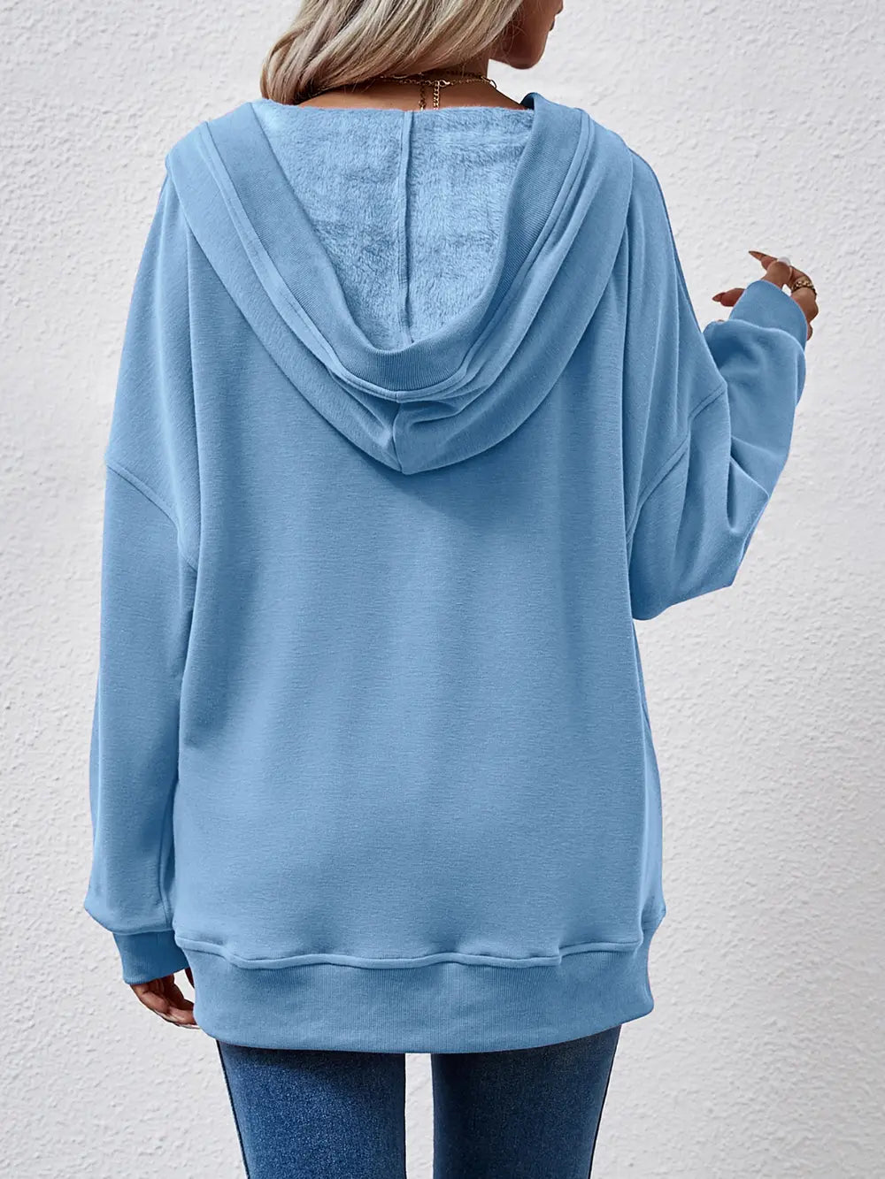 V-neck Drop Shoulder Long Sleeve Hoodie (2)