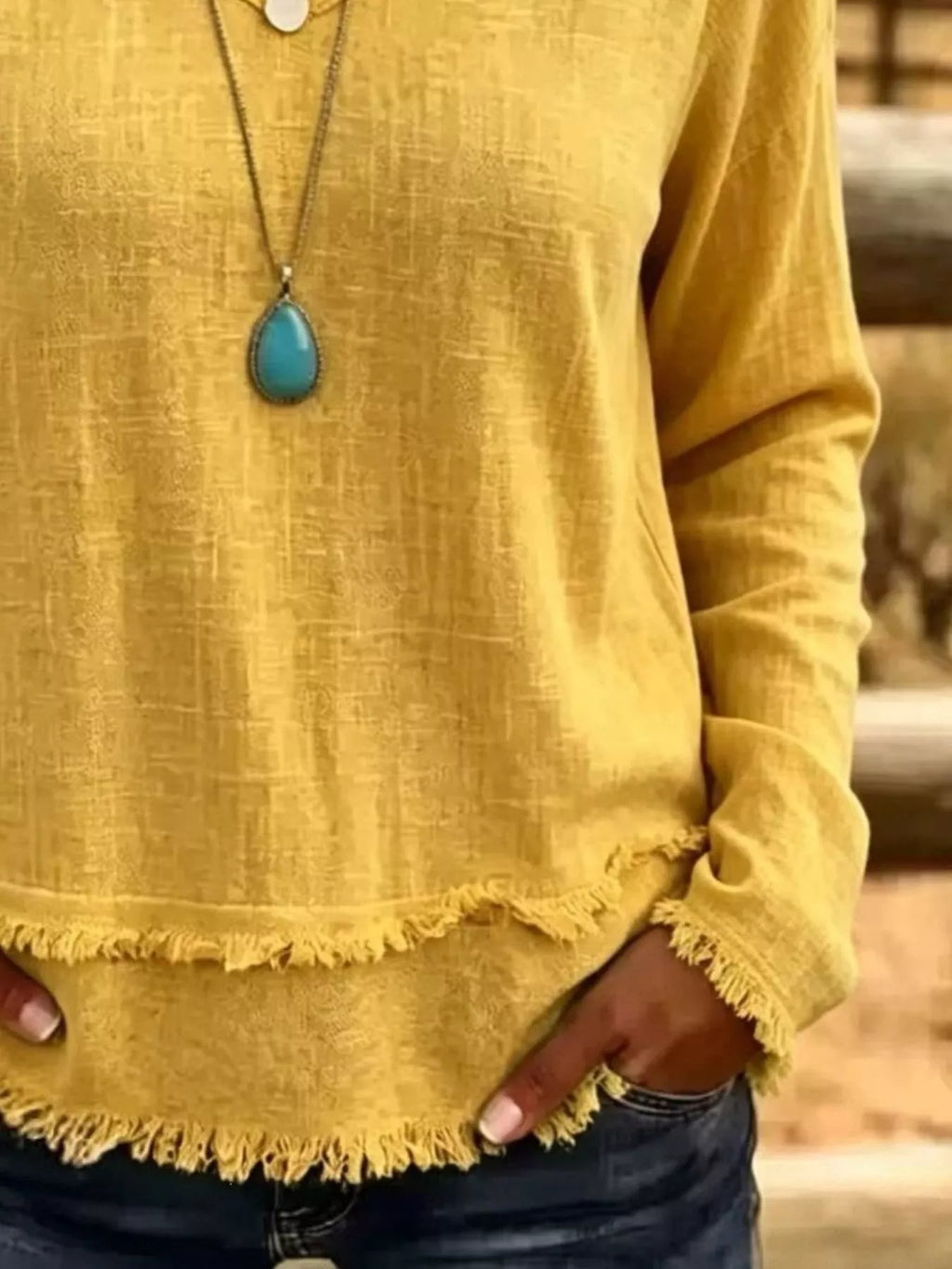 V-neck Long Sleeve Blouse Frayed Hem Detail (22)
