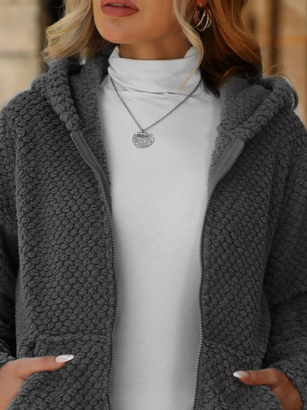 Textured Knit Zip-up Hooded Outerwear (9)