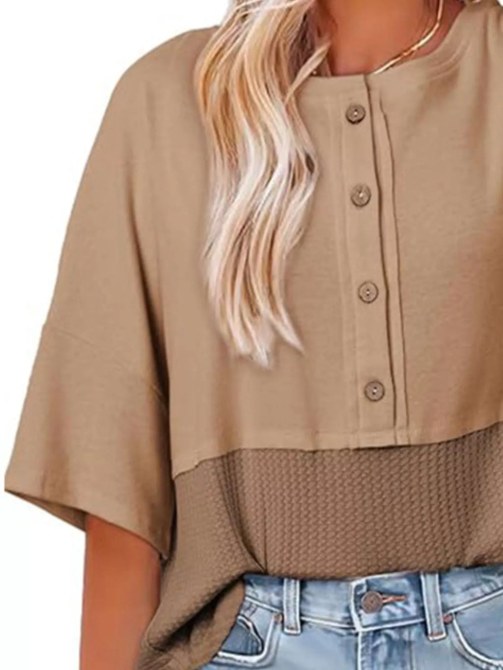 Button Detail Texture Knit T-shirt (17)