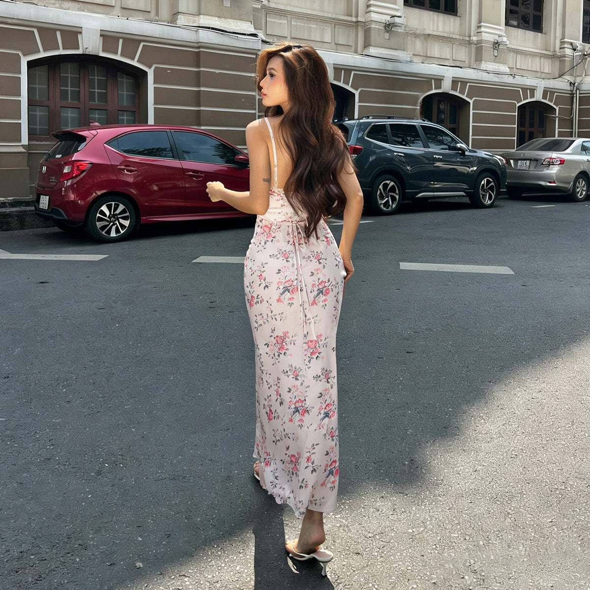 Floral-print Lace-spliced Deep V-neck Slip Dress photo 2
