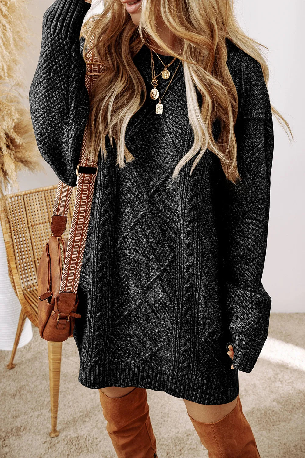Cable-knit Round Neck Sweater Dress (3)