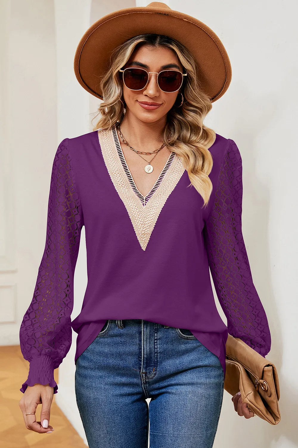 Openwork V-neck Long Sleeve T-shirt (17)