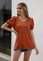 V-neck Decorative Buttons Puff Sleeve Tee (3)