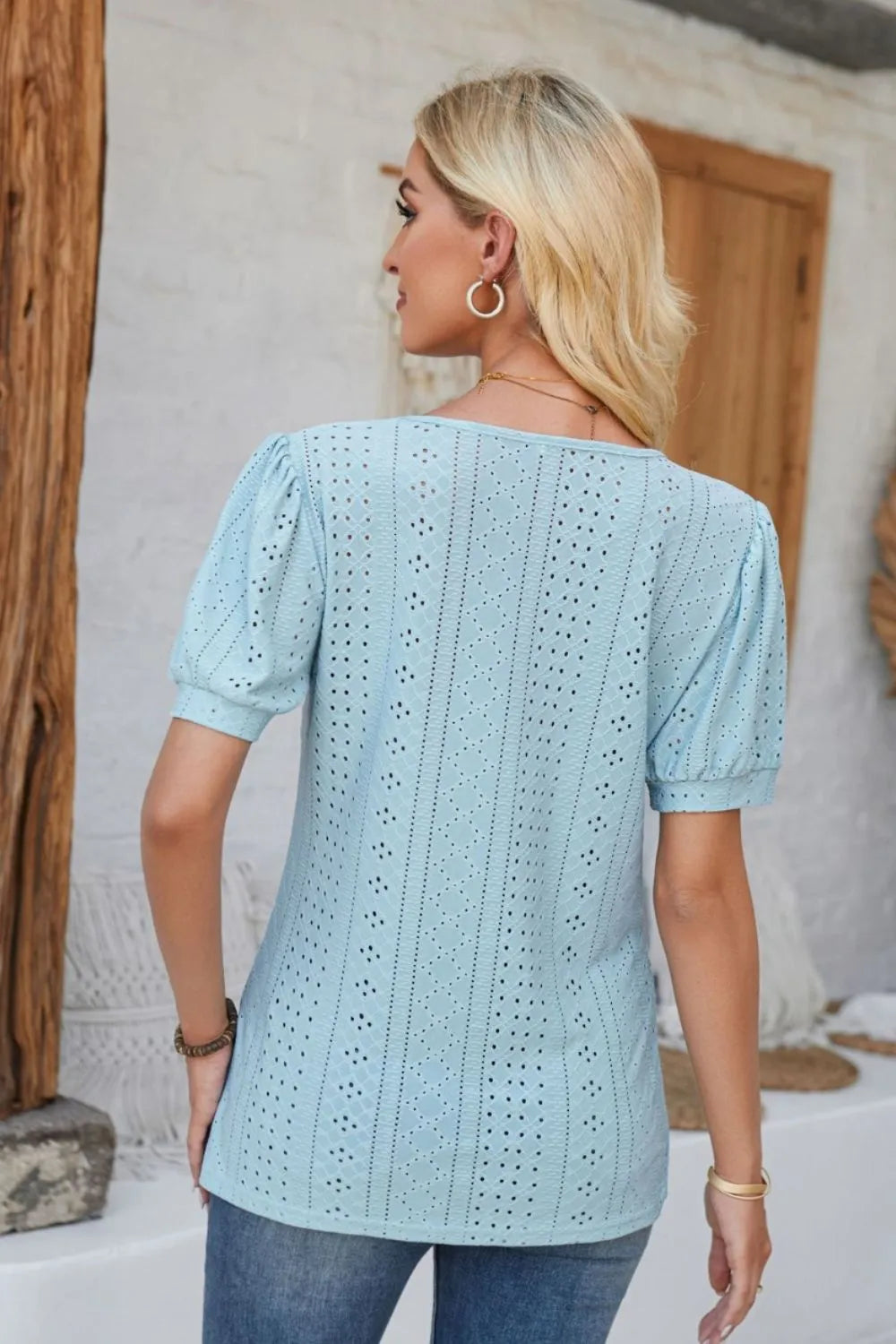 Eyelet Round Neck Short Sleeve Blouse (6)
