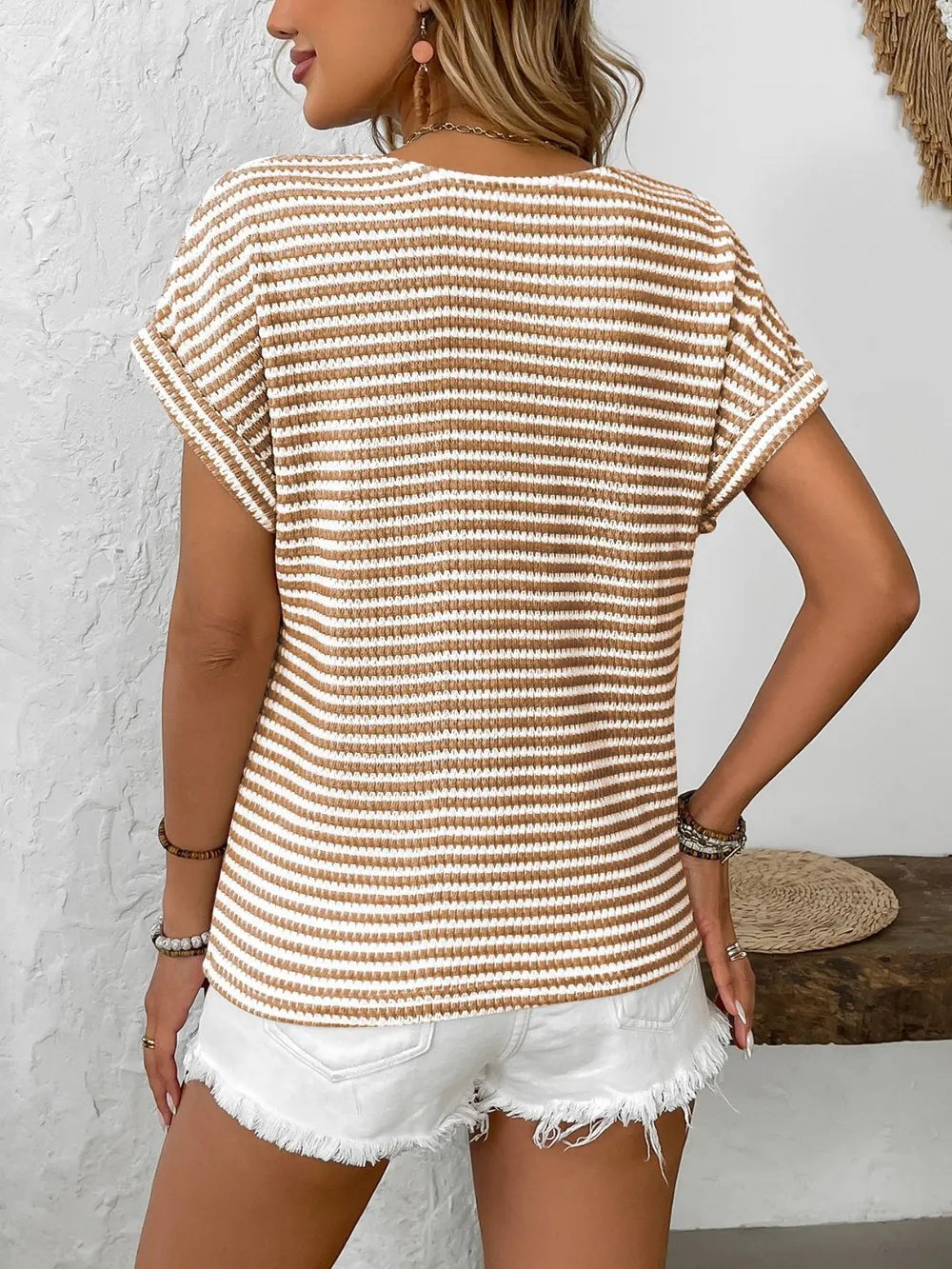 Striped V-neck Short Sleeve T-shirt (6)