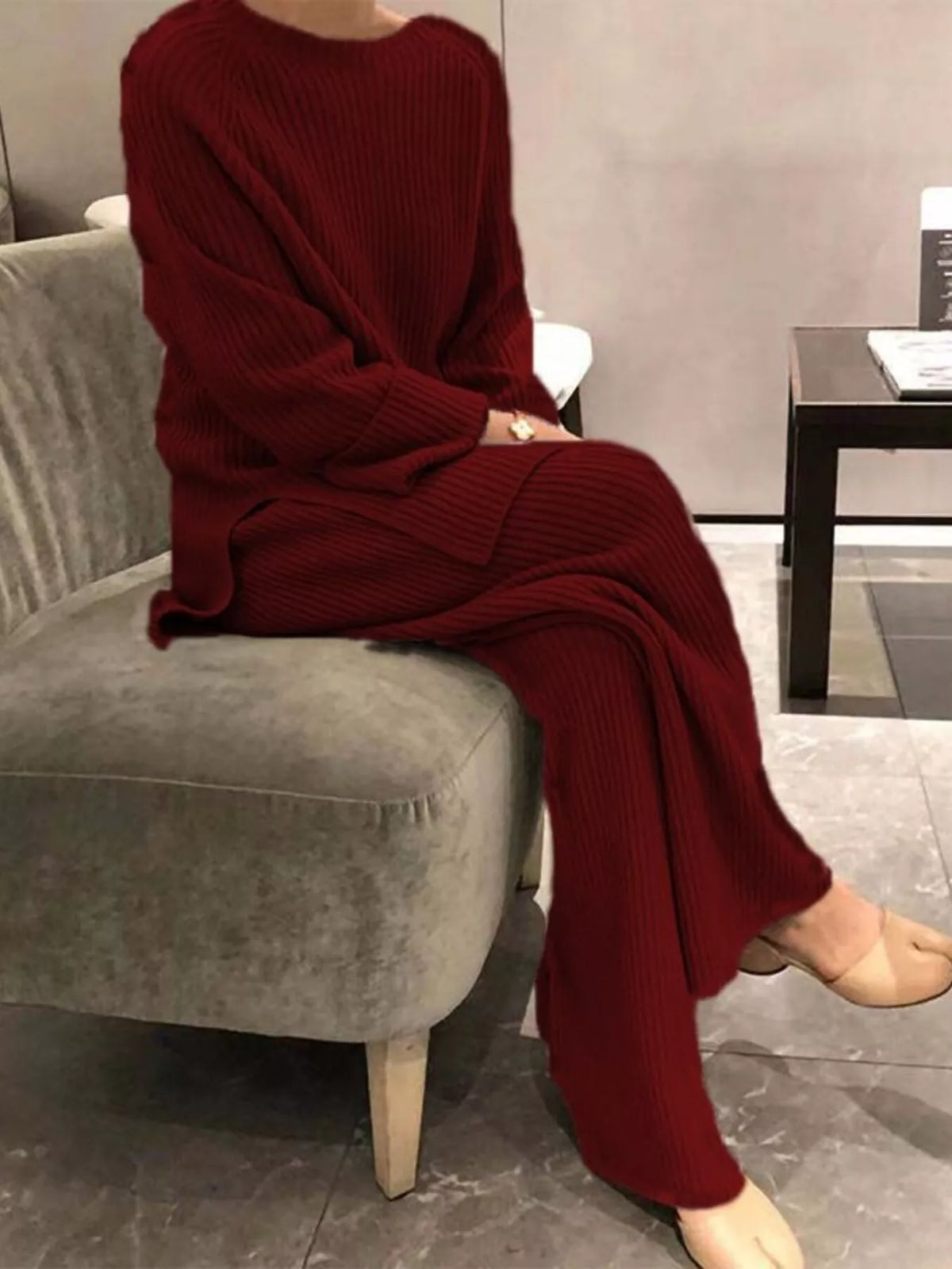 Full Size Ribbed Knit Relaxed Fit Top Pants Sweater Set Plus (13)