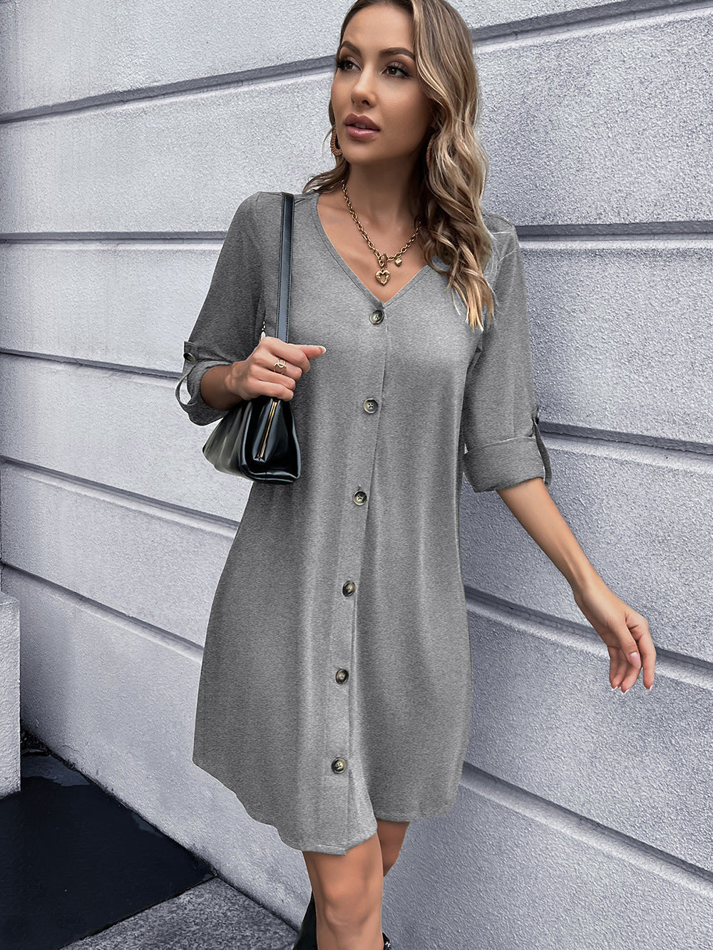 Button Down V-neck Mini Dress (7)