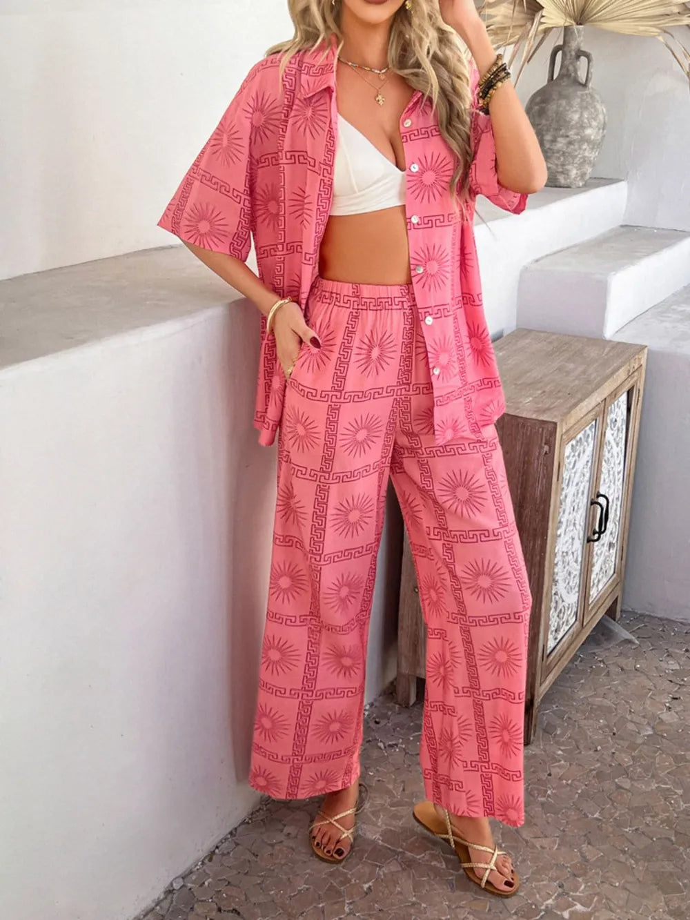 Printed Button Down Shirt Pants Set (7)