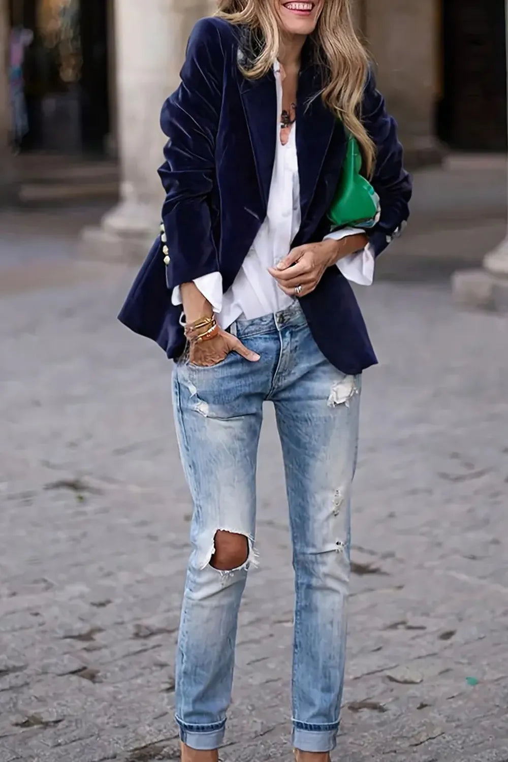 One Button Lapel Collar Long Sleeve Blazer (8)