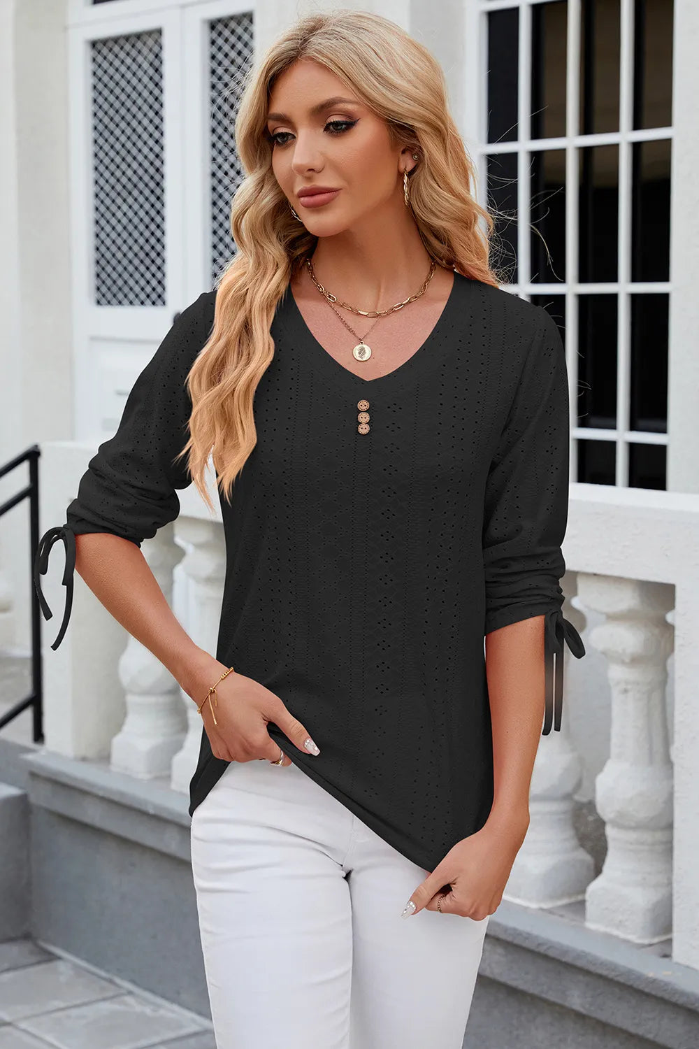 Eyelet Drawstring V-neck Half Sleeve T-shirt (6)