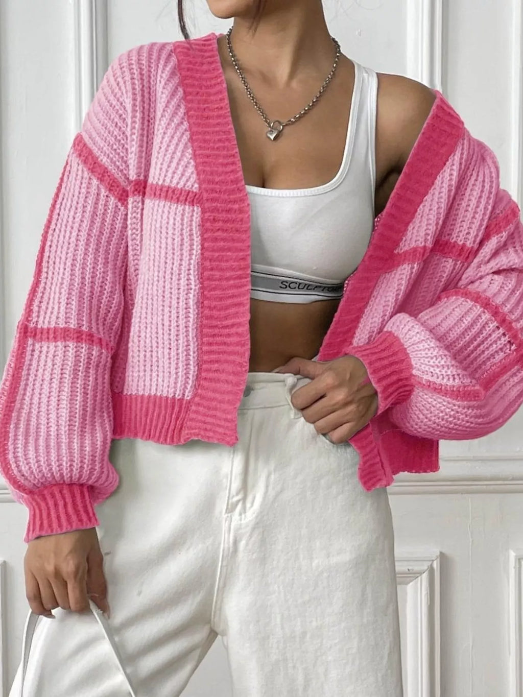 Color-block Ribbed Knit Open-front Cropped Cardigan