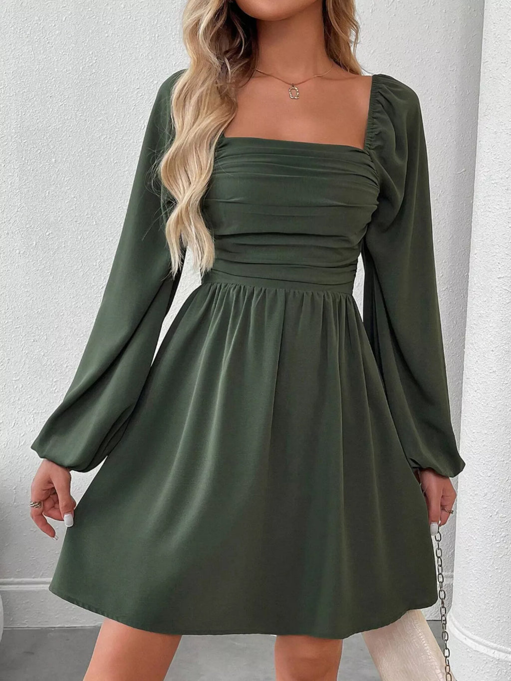 Ruched Square Neck Long Sleeve A-line Dress (8)