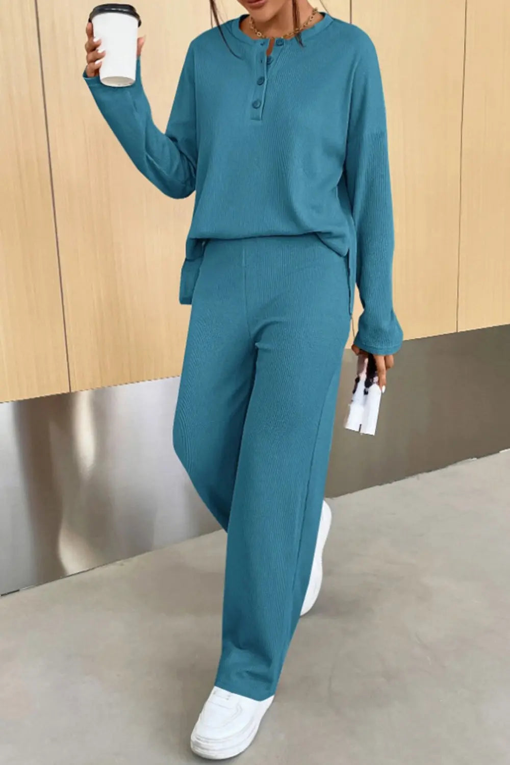 Ribbed Half Button Top Pants Set (3)