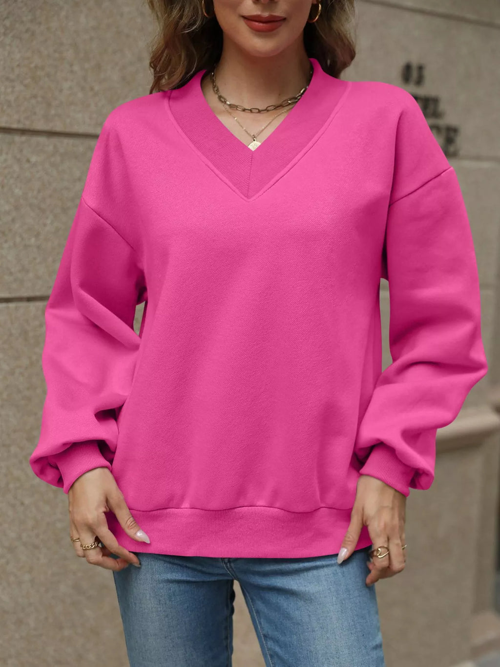V-neck Solid Color Casual Sweatshirt (2)