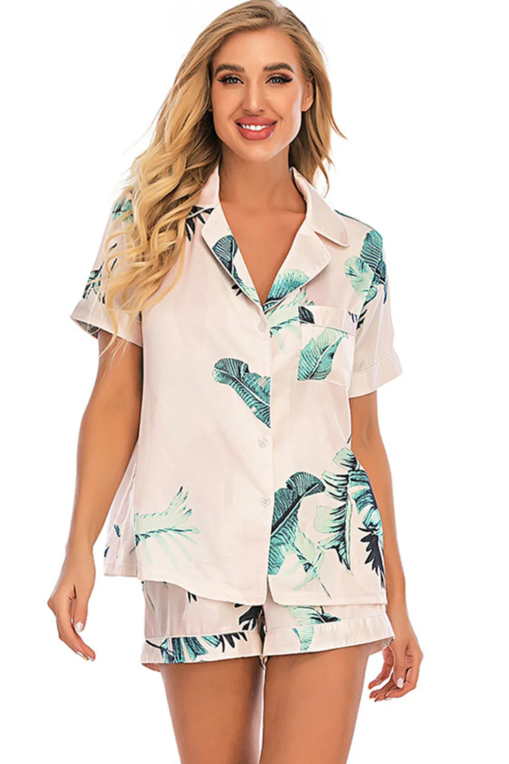 Printed Button Up Short Sleeve Top Shorts Lounge Set (7)